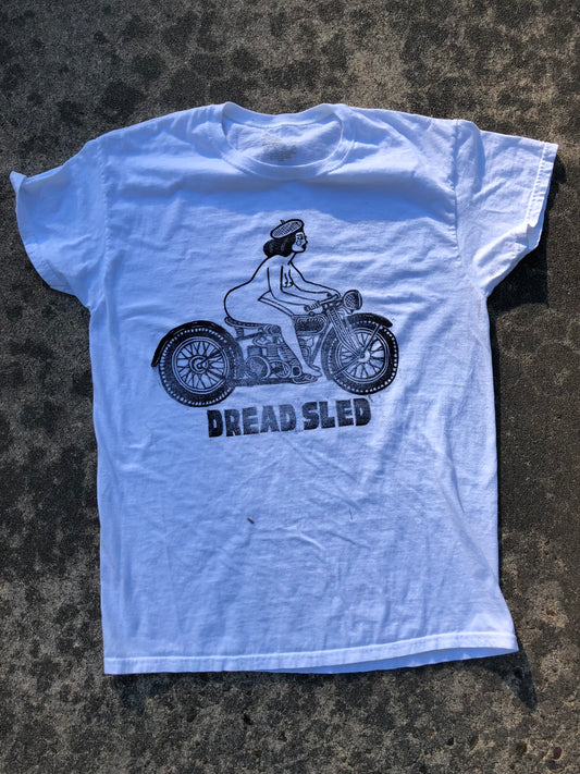 Limited Run Linocut Shirt- Moto Girl | White